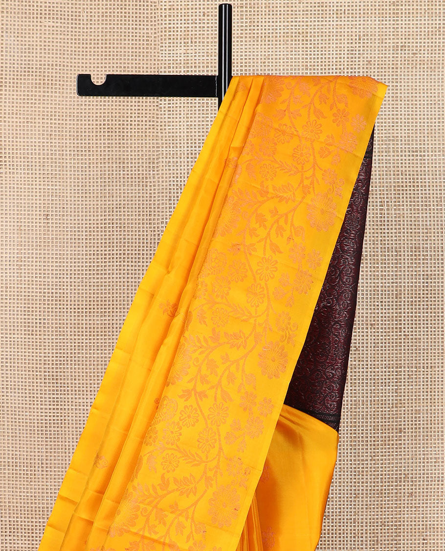 Yellow floral zari buttas soft silk saree, floral jaal border & contrast pallu of floral jaal designs