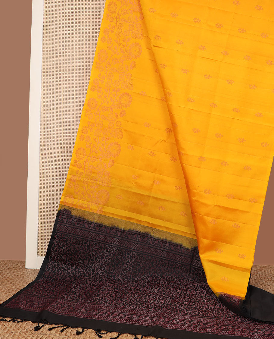 Yellow floral zari buttas soft silk saree, floral jaal border & contrast pallu of floral jaal designs