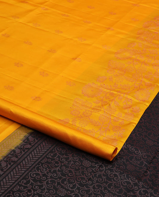Yellow floral zari buttas soft silk saree, floral jaal border & contrast pallu of floral jaal designs