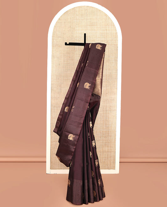 Brown Mayuri Soft Silk Saree, Artfully Woven with Yaali Buttas All Over Its Body, Highlighted by Scallop Design Pallu, and Paired with a Matching Blouse