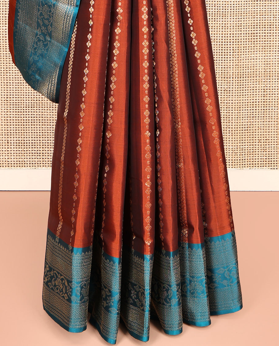 Rust Mayuri Lite Silk Mix Saree, Finely Crafted with Zari Designs All Over Its Body, Complemented by a Contrast Border of Vanki and Floral Designs, Beautifully Bedecked Pallu, and Paired with a Contrast Blouse