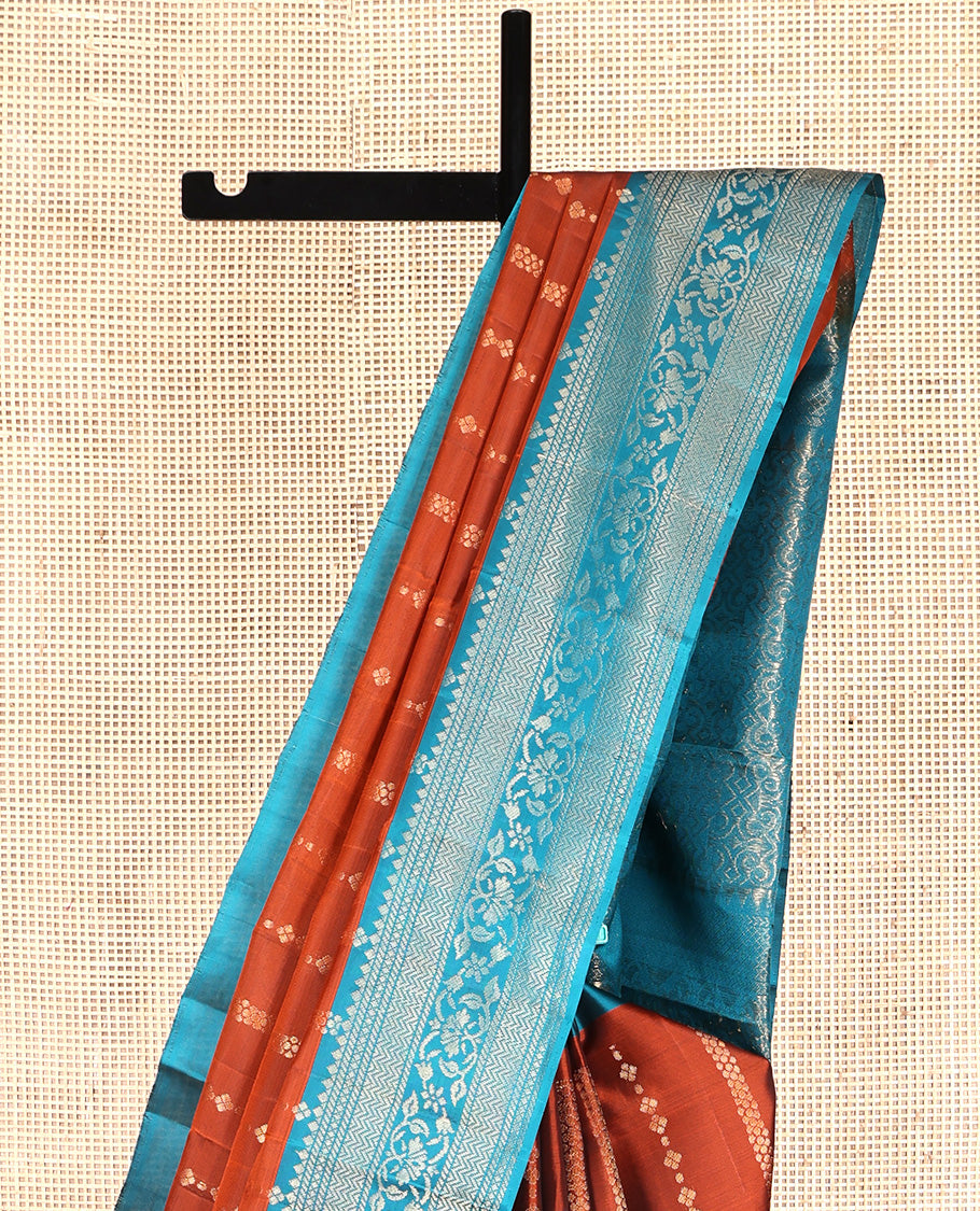 Rust Mayuri Lite Silk Mix Saree, Finely Crafted with Zari Designs All Over Its Body, Complemented by a Contrast Border of Vanki and Floral Designs, Beautifully Bedecked Pallu, and Paired with a Contrast Blouse