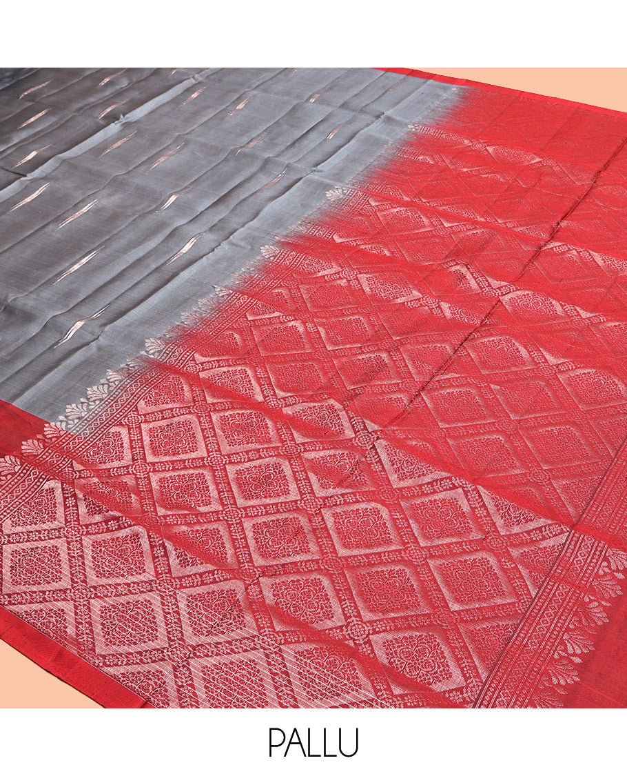 Grey Mayuri Lite Silk Mix Saree, Accentuated with Buttas, Complemented by a Contrast Checked Border, Pallu of Jaal Designs, and a Contrast Blouse