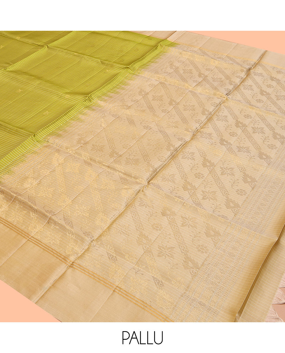 Green Mayuri Lite Silk Mix Saree, Subtly Sparkled With Stripes and Buttas, Complemented by Contrast Border, Pallu of Sparsely Woven Designs and a Contrast Blouse