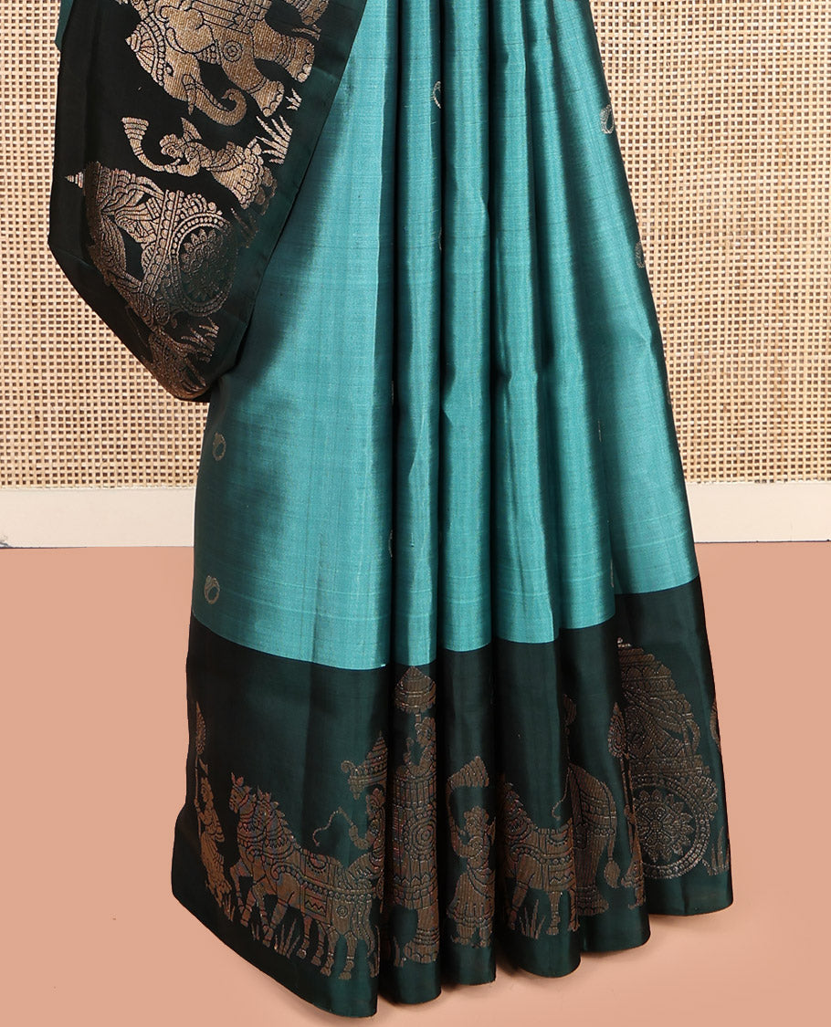 Green Mayuri Soft Silk Saree, Elevated with Ring Motifs, Contrast King-Queen Wedding-Themed Border, Pallu Depicts Wedding Motifs, and a Contrast Blouse