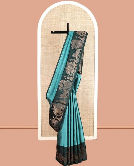 Green Mayuri Soft Silk Saree, Elevated with Ring Motifs, Contrast King-Queen Wedding-Themed Border, Pallu Depicts Wedding Motifs, and a Contrast Blouse