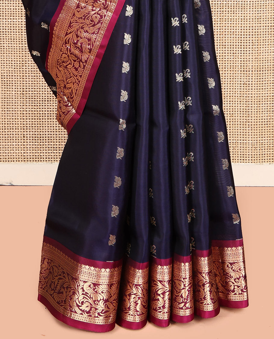 Blue Mayuri Lite Silk Mix Saree, Adorned with Zari Buttas, Complemented by Contrast Border of Salngai, Cross Neli, Rudraksham, and Mayil, Grand Pallu and a Contrast Blouse