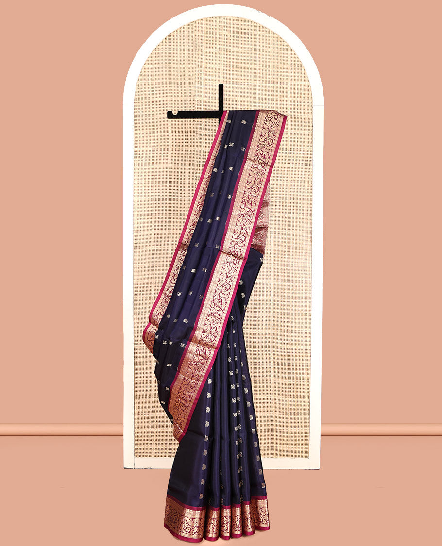 Blue Mayuri Lite Silk Mix Saree, Adorned with Zari Buttas, Complemented by Contrast Border of Salngai, Cross Neli, Rudraksham, and Mayil, Grand Pallu and a Contrast Blouse