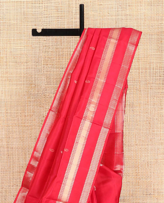 Red Mayuri Soft Silk Saree, Embellished with Manga Buttas on Its Body, Highlighted by Zari Border of Manga, Banaras, Mayil Kann, and Ara Maadam Designs, Pallu Elevated with Manga Designs in Zari, and Paired with a Matching Blouse
