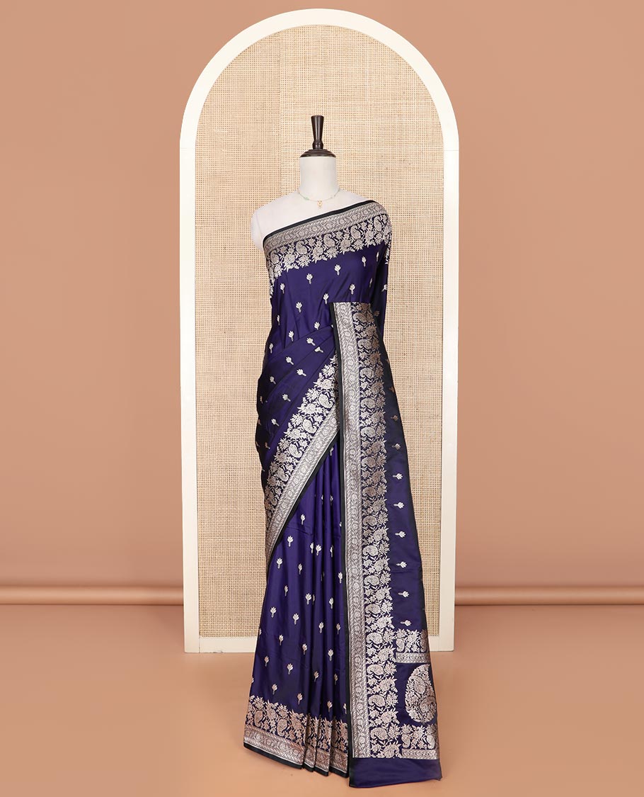 Ink blue zari buttas and paisley vine mushru silk saree, floral-paisley design border, and pallu of paisleys