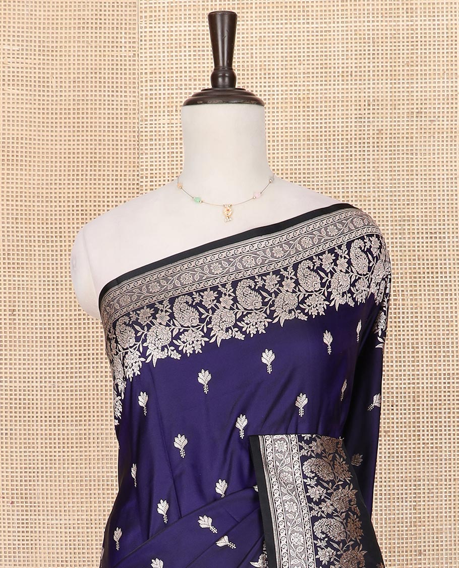 Ink blue zari buttas and paisley vine mushru silk saree, floral-paisley design border, and pallu of paisleys
