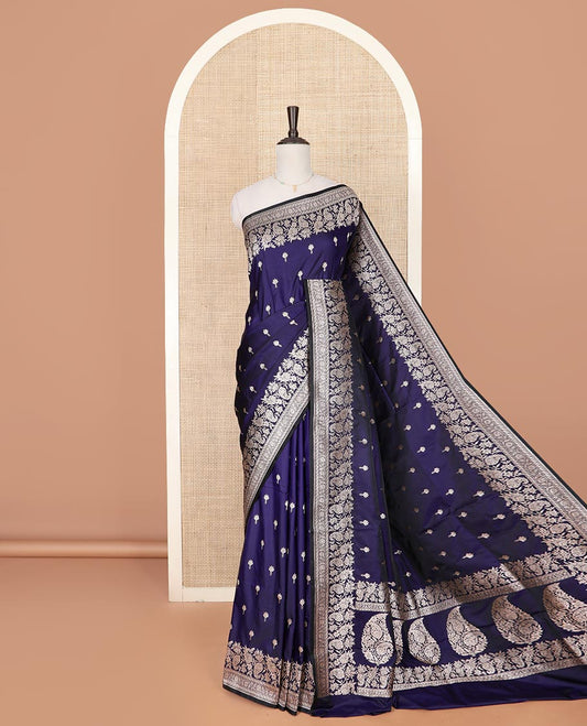 Ink blue zari buttas and paisley vine mushru silk saree, floral-paisley design border, and pallu of paisleys