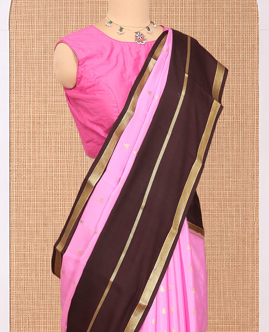Pink Mysore Silk Saree, Enhanced with Zari Buttas, Complemented by a Contrast Traditional Zari Woven Border, Grand Pallu, and a Contrast Blouse