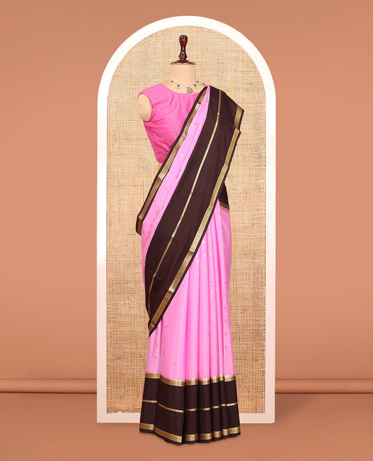 Pink Mysore Silk Saree, Enhanced with Zari Buttas, Complemented by a Contrast Traditional Zari Woven Border, Grand Pallu, and a Contrast Blouse