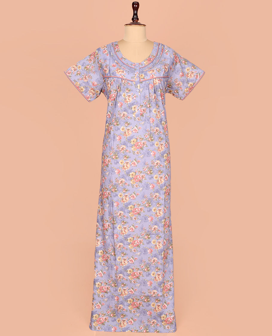 Lavender Cotton Nighty Decked Up with Floral Print, Featuring Lace Work, Round Front Neck, and Half  Sleeves