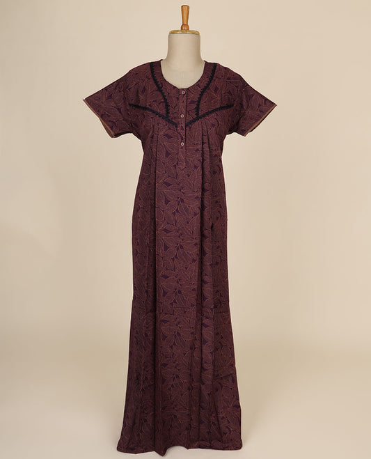 Maroon leaf printed & round neck with lace, cotton half sleeve nighty