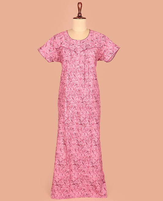 Pink Cotton Nighty Beautified with Floral Vine Design Print, Featuring Lace Work, Round Front Neck, and Half-Sleeves