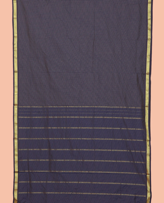 Navy Blue Checked Art-Silk Nine Yard Saree, a Traditional Zari Border, a Self-Pallu, and No Blouse