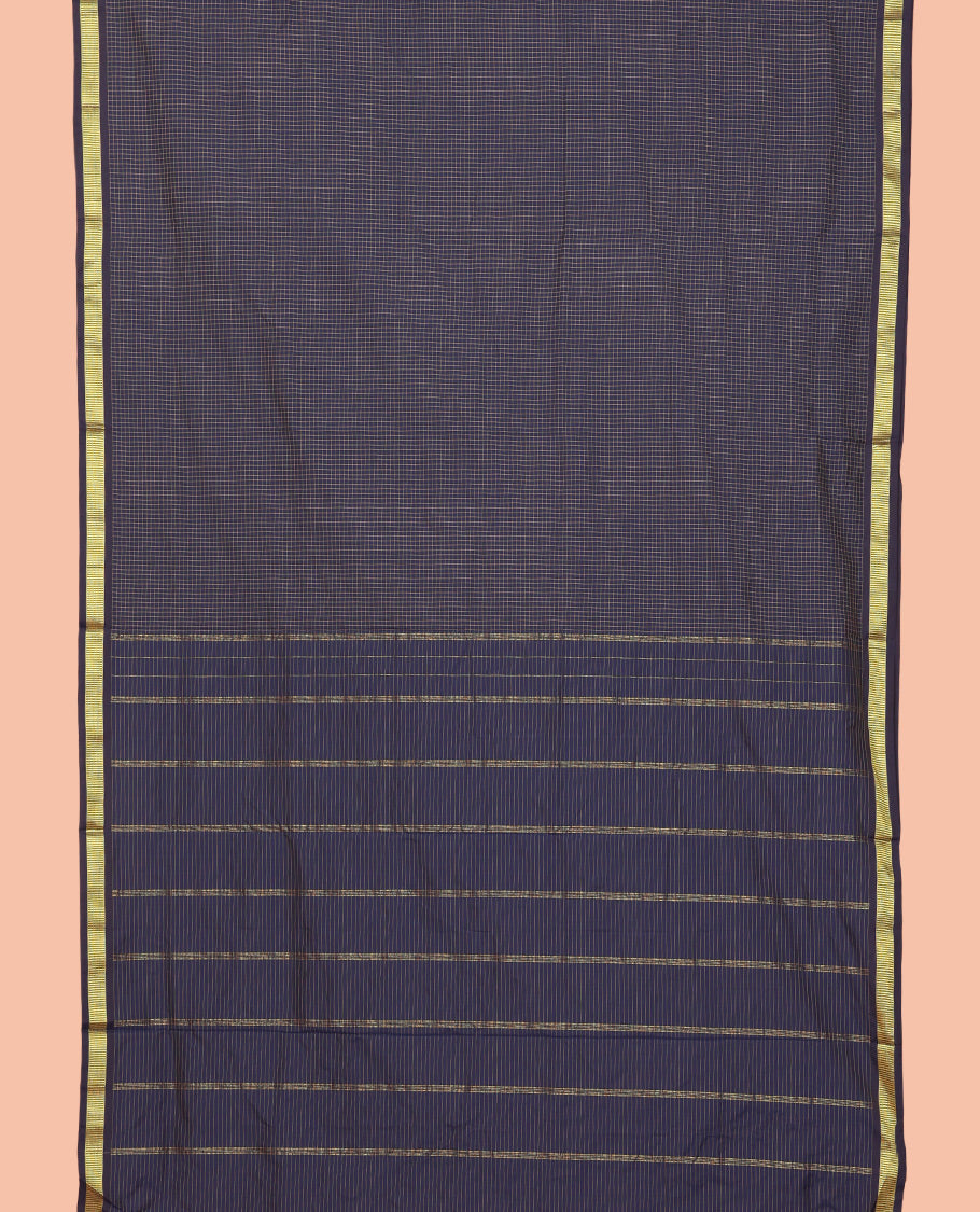 Navy Blue Checked Art-Silk Nine Yard Saree, a Traditional Zari Border, a Self-Pallu, and No Blouse