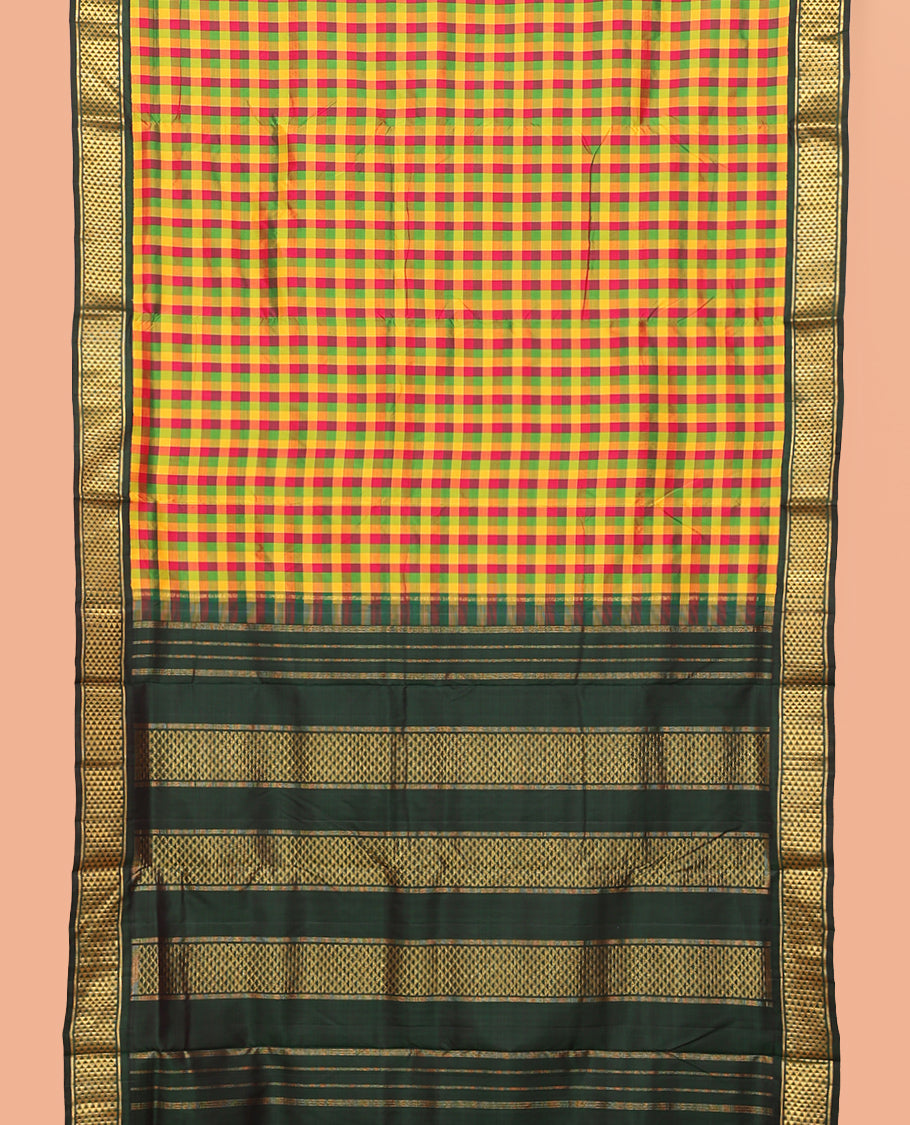 Multi-Color Palum Pazhamum Kattam Nine-Yard Silk Saree, Complemented by a Contrast Korvai Ara Maadam Border, Ara Maadam Pallu, and No Blouse