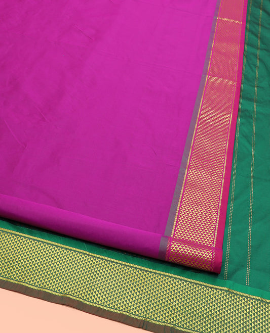 Rani Pink Plain Ten Yard Art Silk Saree, Complemented by a Contrast Ara Maadam Border, and Pallu Featuring Zari Stripes