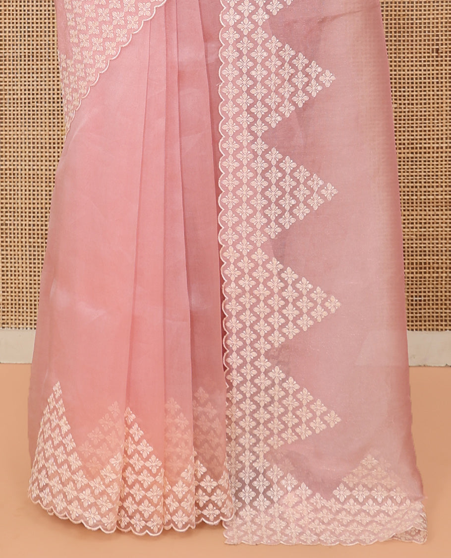 Pink Plain Organza Saree, a Subtle Scallop-Embroidered Border, and Matching Blouse