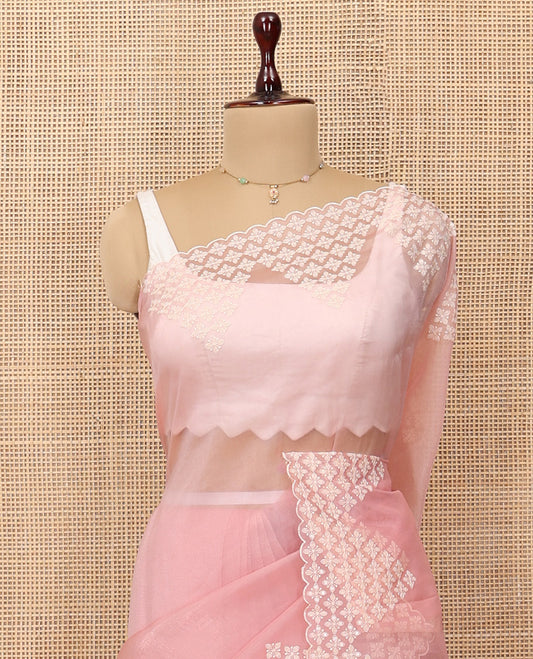 Pink Plain Organza Saree, a Subtle Scallop-Embroidered Border, and Matching Blouse
