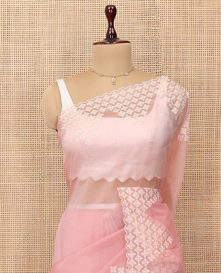Pink Plain Organza Saree, a Subtle Scallop-Embroidered Border, and Matching Blouse