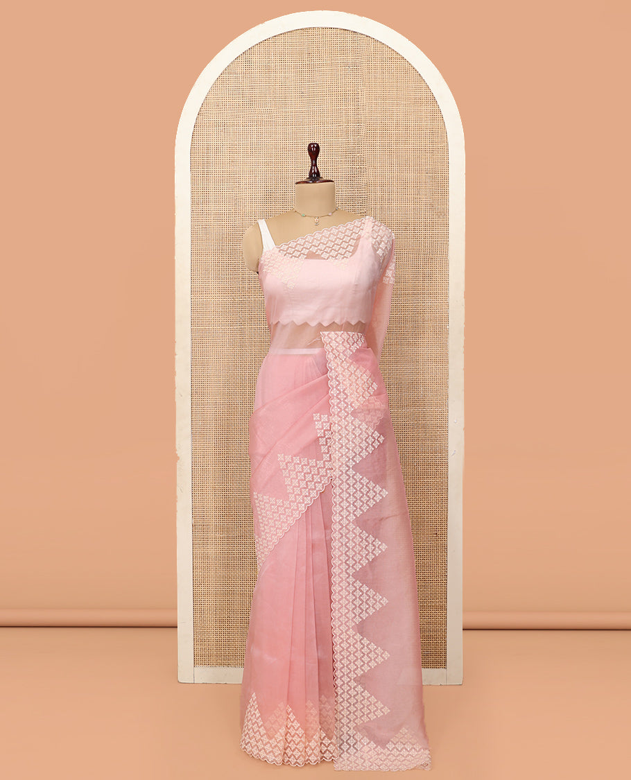 Pink Plain Organza Saree, a Subtle Scallop-Embroidered Border, and Matching Blouse