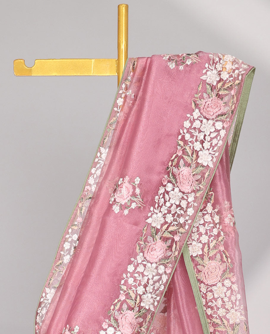 Pink floral motifs embroidered semi-banaras organza saree & floral embroidered border