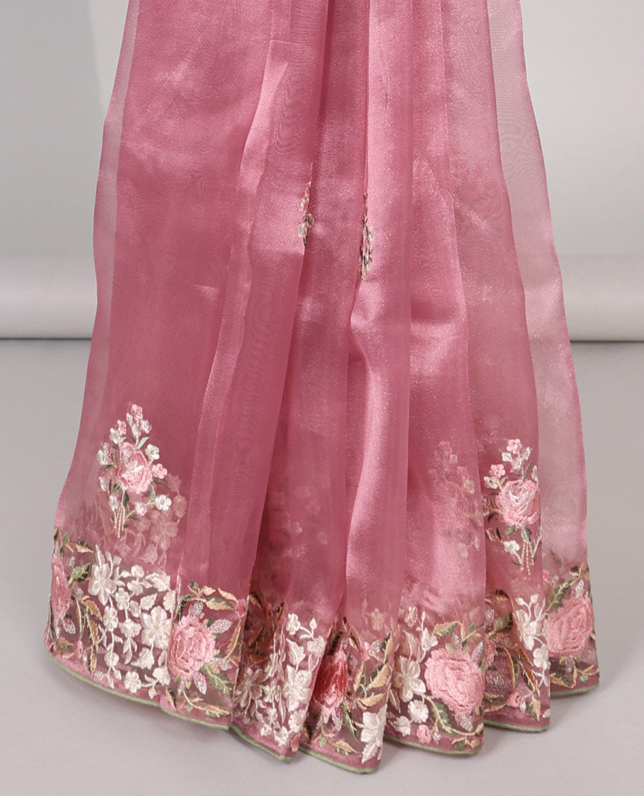 Pink floral motifs embroidered semi-banaras organza saree & floral embroidered border