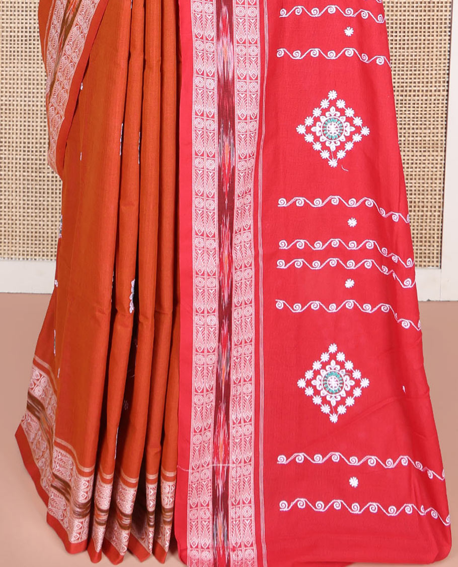 Orange Odisha Cotton Saree, Elevated with Buttas All Over the Body, Subtle Self-Border Steeped with Fish Motifs, Captivating Contrast Pallu of Unique Designs, and Paired with a Contrast Blouse