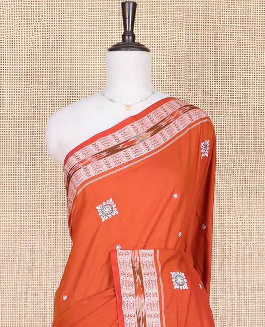 Orange Odisha Cotton Saree, Elevated with Buttas All Over the Body, Subtle Self-Border Steeped with Fish Motifs, Captivating Contrast Pallu of Unique Designs, and Paired with a Contrast Blouse