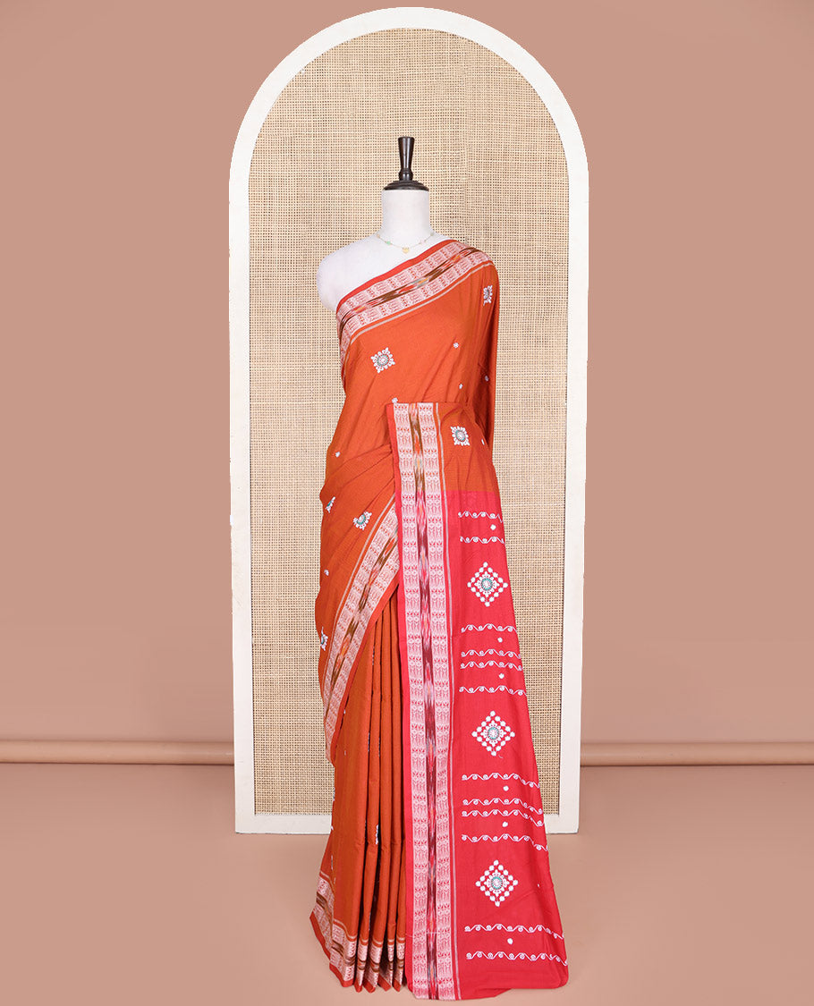 Orange Odisha Cotton Saree, Elevated with Buttas All Over the Body, Subtle Self-Border Steeped with Fish Motifs, Captivating Contrast Pallu of Unique Designs, and Paired with a Contrast Blouse
