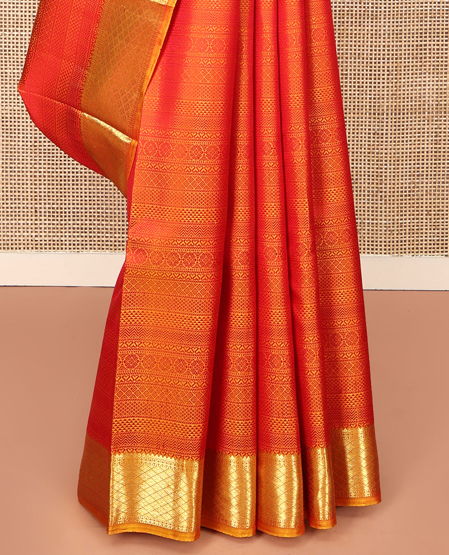 Red Parampara Silk Saree, Subtly Sparkled With Geometric Embossed Patterns in Its Body, Highlighted by Contrast Jaal Design Zari Border, Pallu of Mayil Kann and Yaali Designs , and Paired with a Contrast Blouse