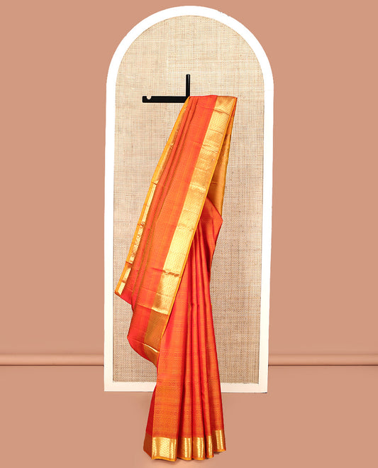 Red Parampara Silk Saree, Subtly Sparkled With Geometric Embossed Patterns in Its Body, Highlighted by Contrast Jaal Design Zari Border, Pallu of Mayil Kann and Yaali Designs , and Paired with a Contrast Blouse