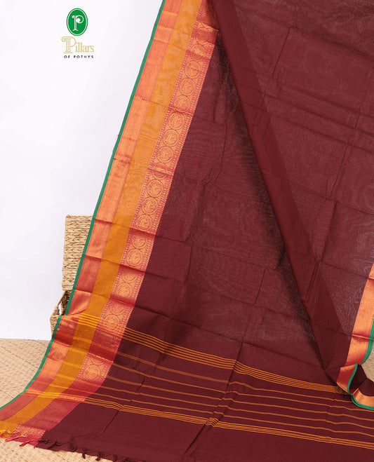 Brown chettinad cotton saree with contrast double pad, gala border
