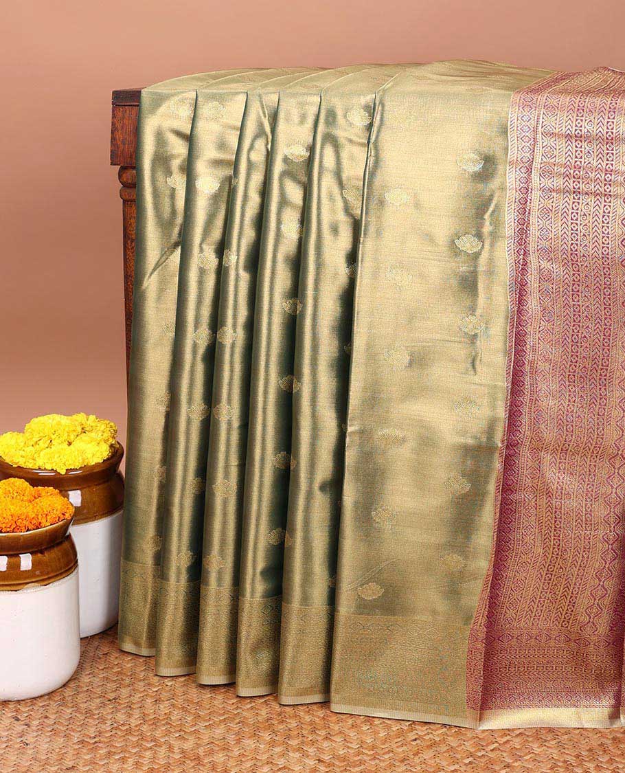 Green zari butta tissue saree with zari  brocade design of border &  brocadedesign of pallu
