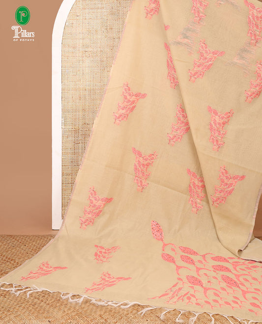 Borderless Cream with pink thread weaving design jute cotton saree with thread weaving pallu & plain blouse