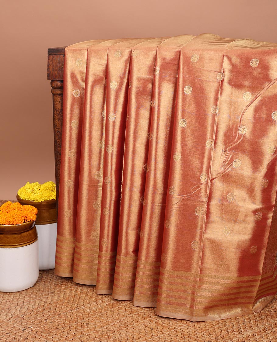 Red floral buttas soft silk saree with contradt striped border & intricate zari design pallu