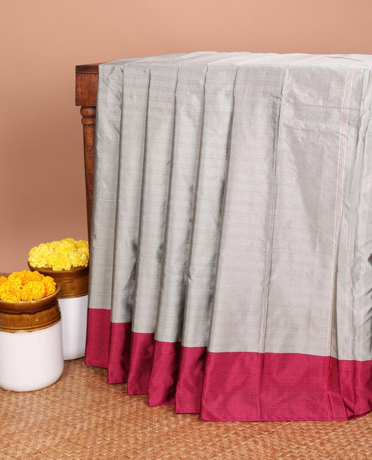Grey allover vari ousi zari checks bhavasha silk saree with velthari design border & self lining, tussels pallu along with contrast plain blouse
