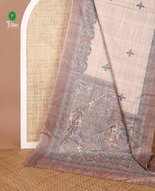 Chikku color madhubani printed semi tussar saree with double butta, madhubani printed border & madhubani printed pallu along with plain blouse
