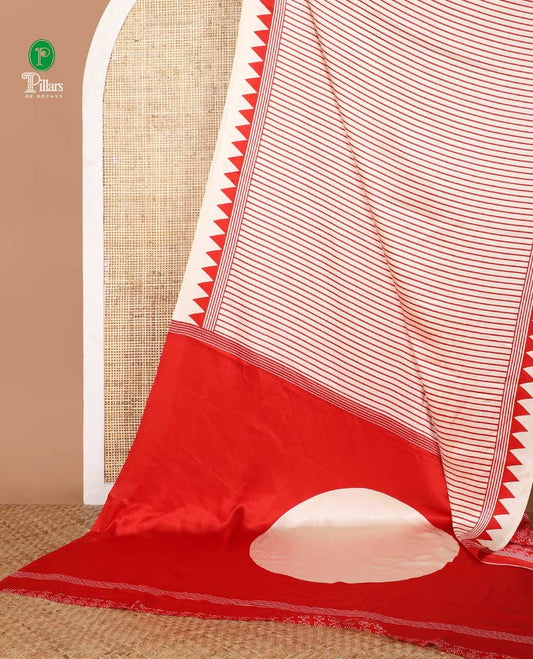 Cream with red vertical lining design modal satin saree with remple printed border & big circle design pallu along with printed blouse