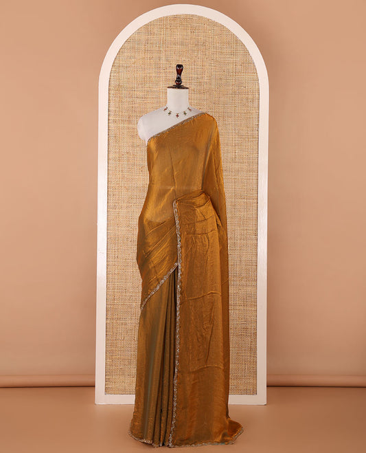 Mehendi green fendy chiffon saree with hand work border & self pallu along with hand work blouse