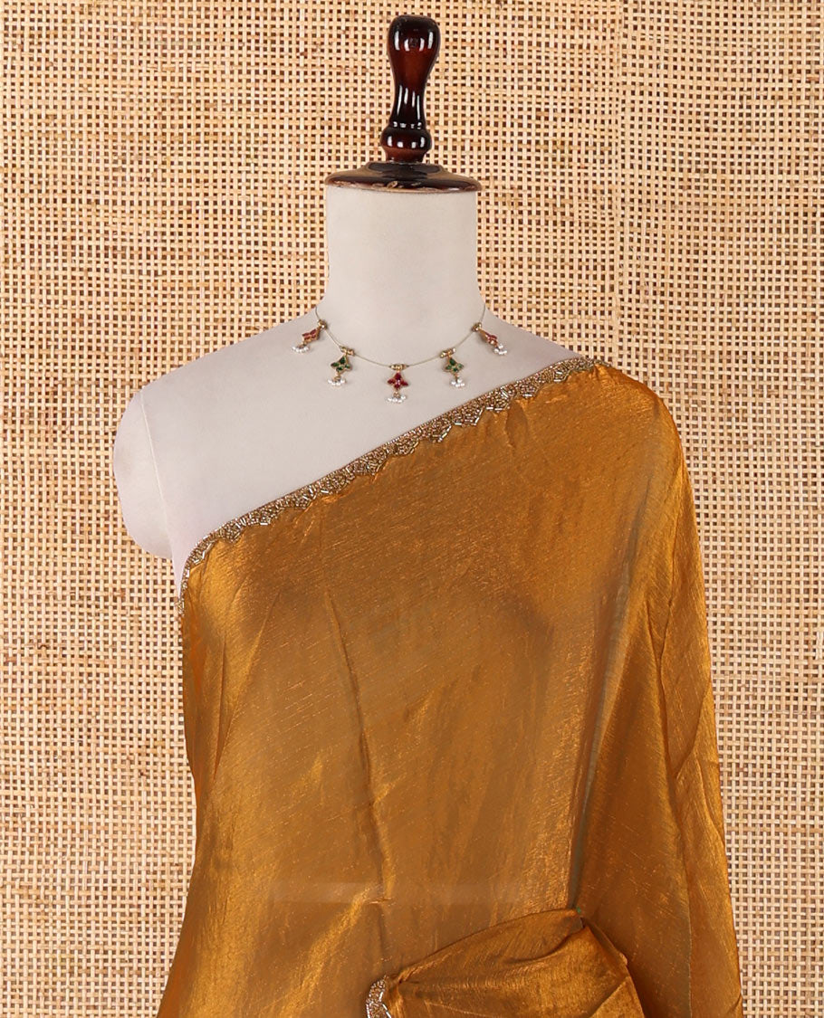 Mehendi green fendy chiffon saree with hand work border & self pallu along with hand work blouse