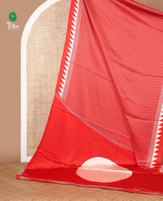 Red vertical lining design modal satin saree with remple printed border & big circle design pallu along with printed blouse