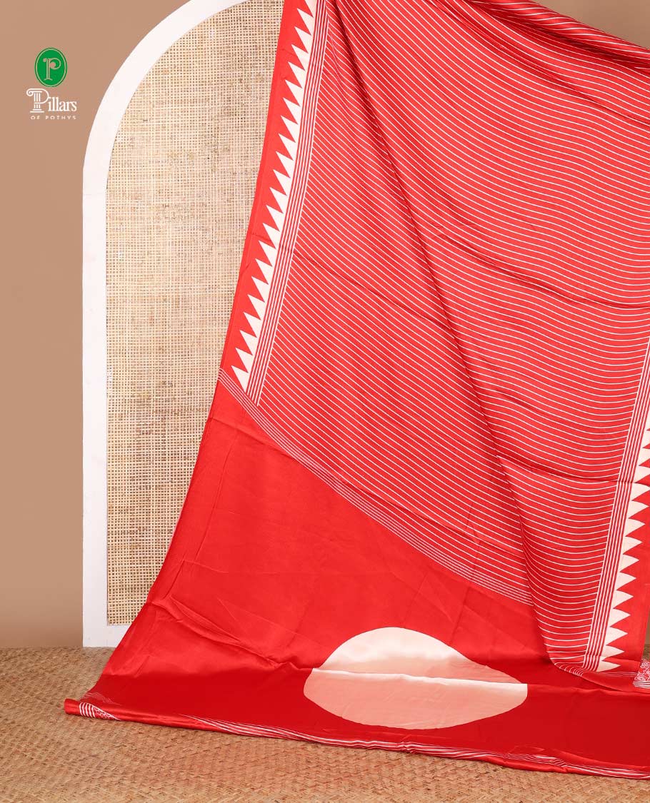 Red vertical lining design modal satin saree with remple printed border & big circle design pallu along with printed blouse