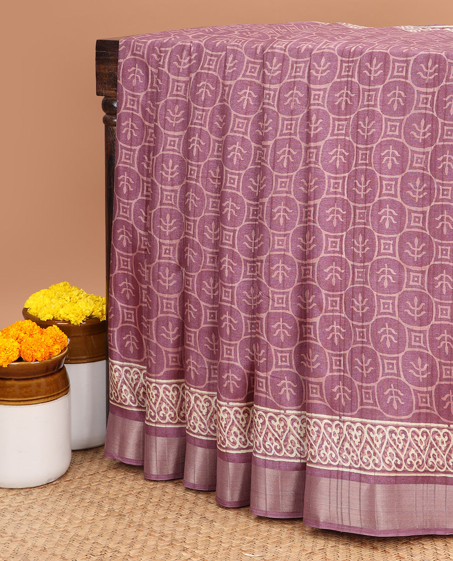 onion pink allover ajkrack printed design semi khicha silk saree with contrast gold zari bawarcchi border & ajrack printed pallu along with small butti printed design blouse