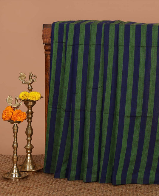 Borderless Navy blue striped jute cotton saree with lining pallu & plain blouse