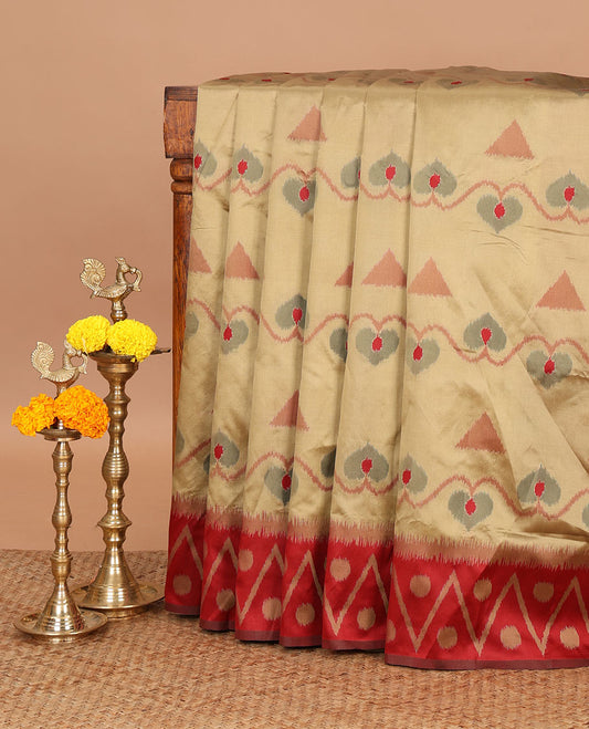 Light brown unique motifs thread weave pochampally ikat mulberry silk saree, contrast chevron & polka dot border and zari-rich intricate pallu